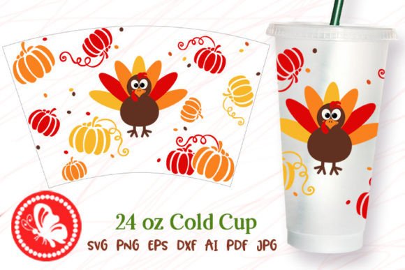Turkey and Pumpkins 24oz Cold Cup Wrap Graphics & Crafts