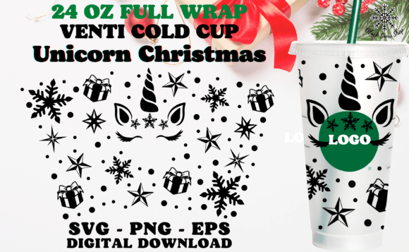 Unicorn Christmas Wrap Venti Cold Cup Graphics for Crafts